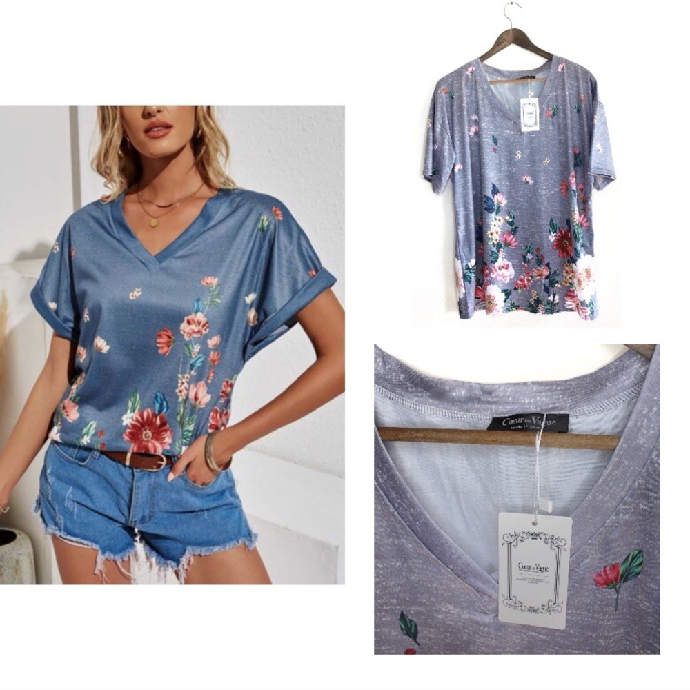 Couer DE Vague France NWT Grey VNeck Floral Top XL